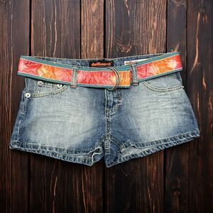 VTG Dollhouse Short Shorts Juniors Sz 7 Blue Jean Denim Low Rise Belt Y2K Metro